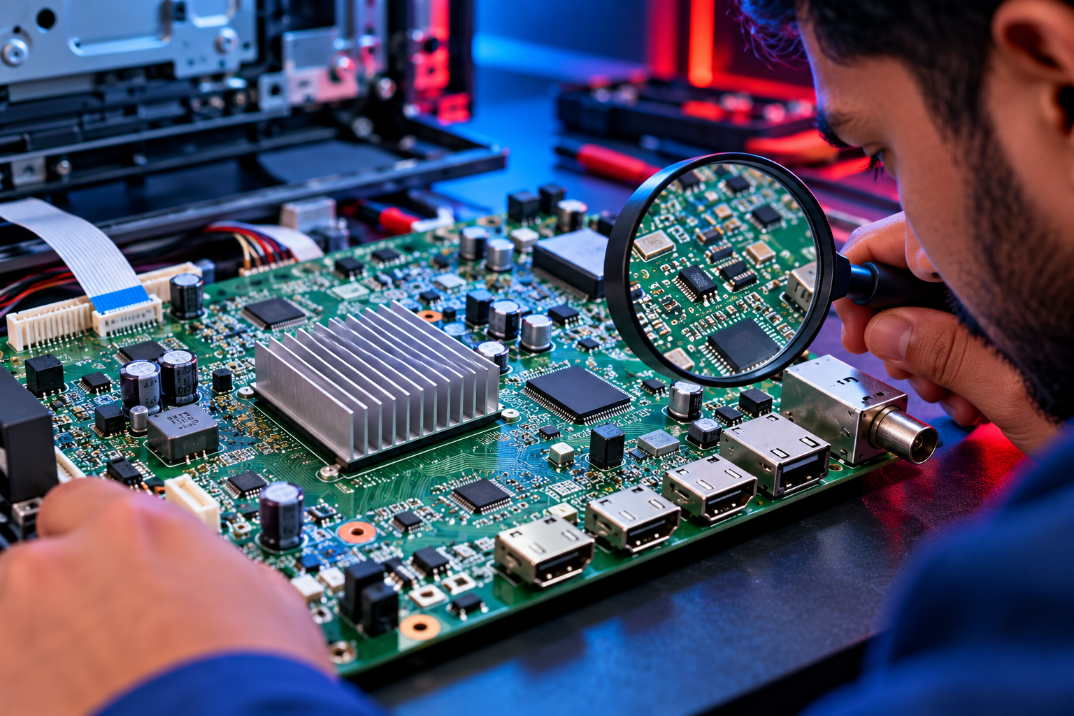 Illustrative TV motherboard & spare parts repair scene
