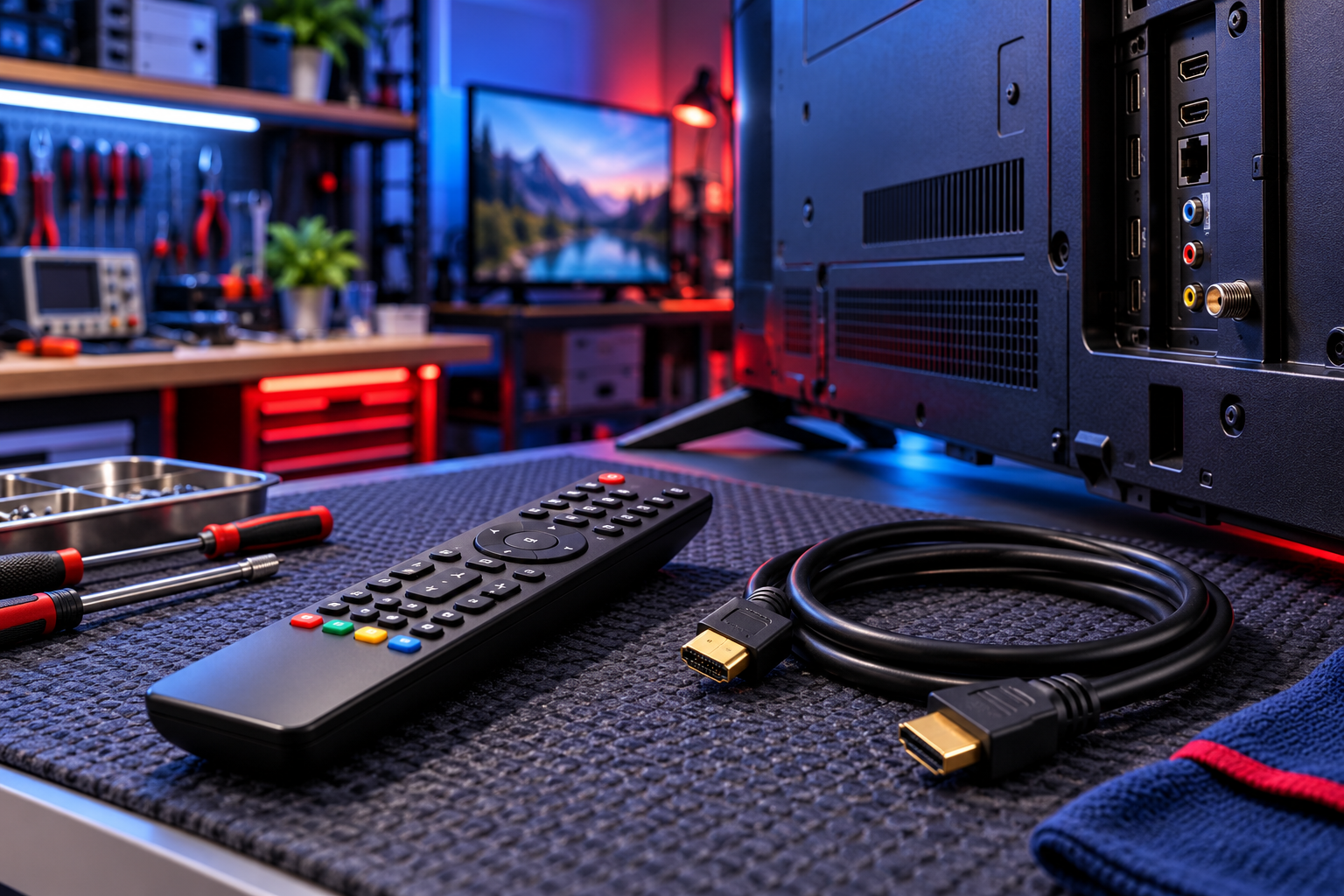 Illustrative TV remotes & connections repair scene