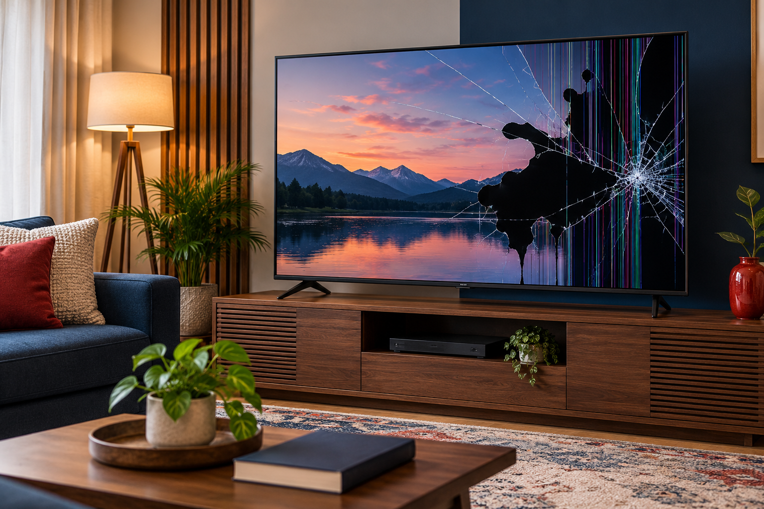 Television with cracked display glass and impact damage