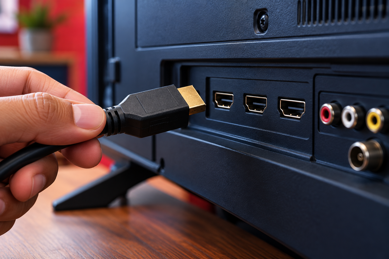 Close-up of a television HDMI connection and cable