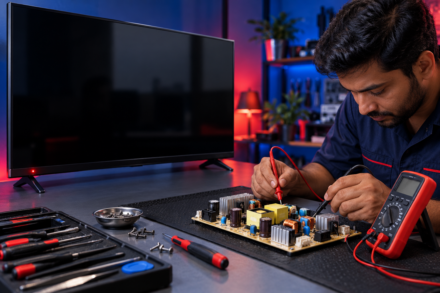 Illustrative TV power & startup repair scene